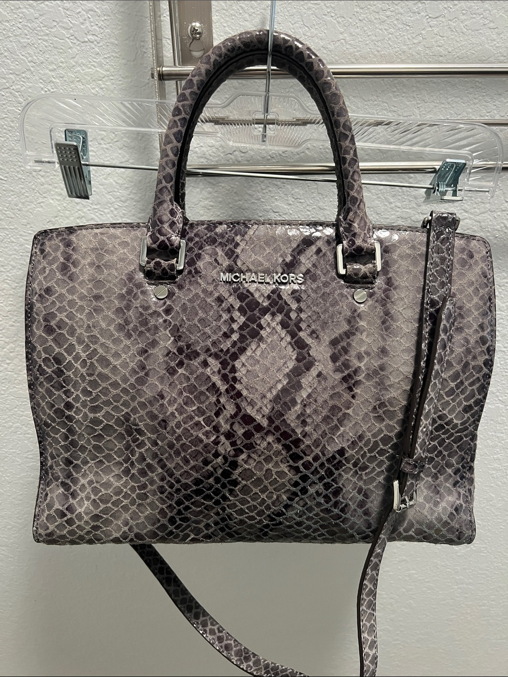 Michael Kors Gray Snake-Embossed Leather Satchel with Shoulder Strap